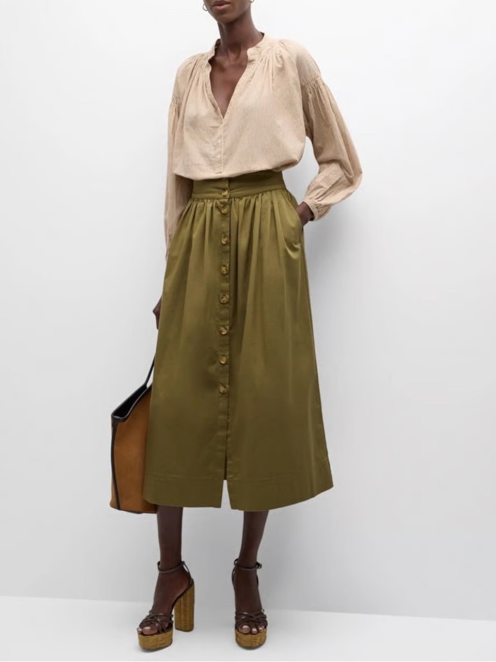 Vanessa Bruno Safari-Green Darja Button-Front Midi Skirt